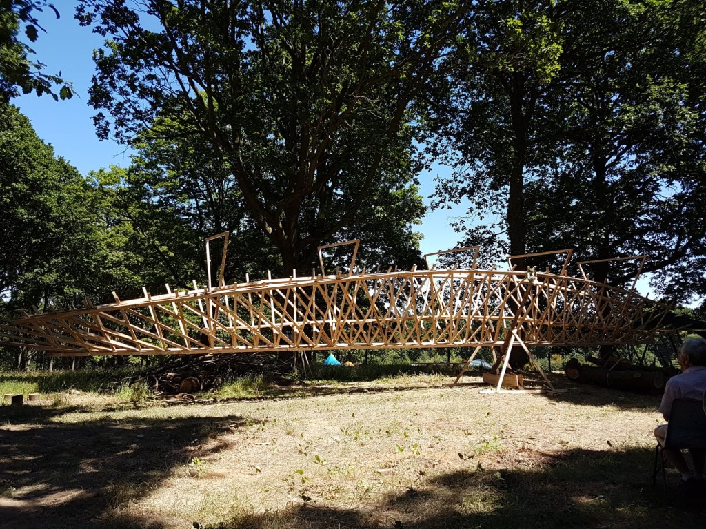 Photo of truss structure made of sections of oak